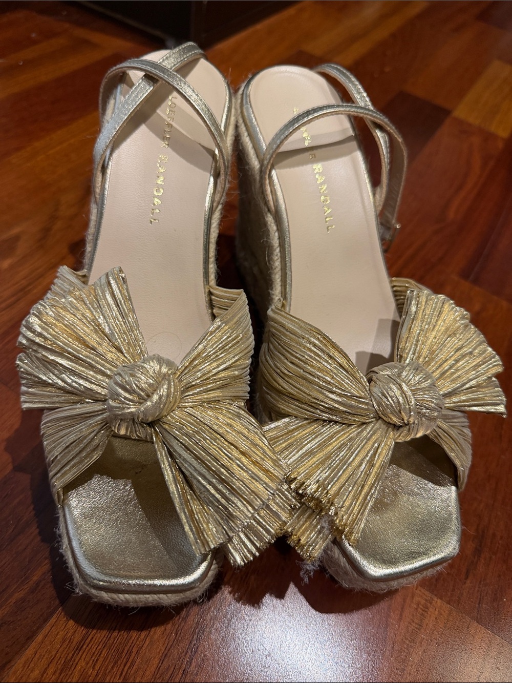 Loeffler Randall Metallic Gold Knotted Wedge Sandals